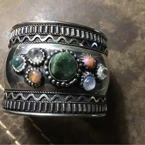 Silver and Multicolor Stone Cuff Bangle Bracelet